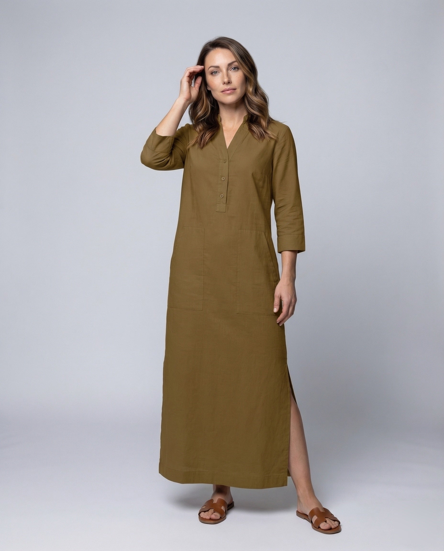 Damen Maxikleid Stehkragen Beinschlitz - Brentozzi