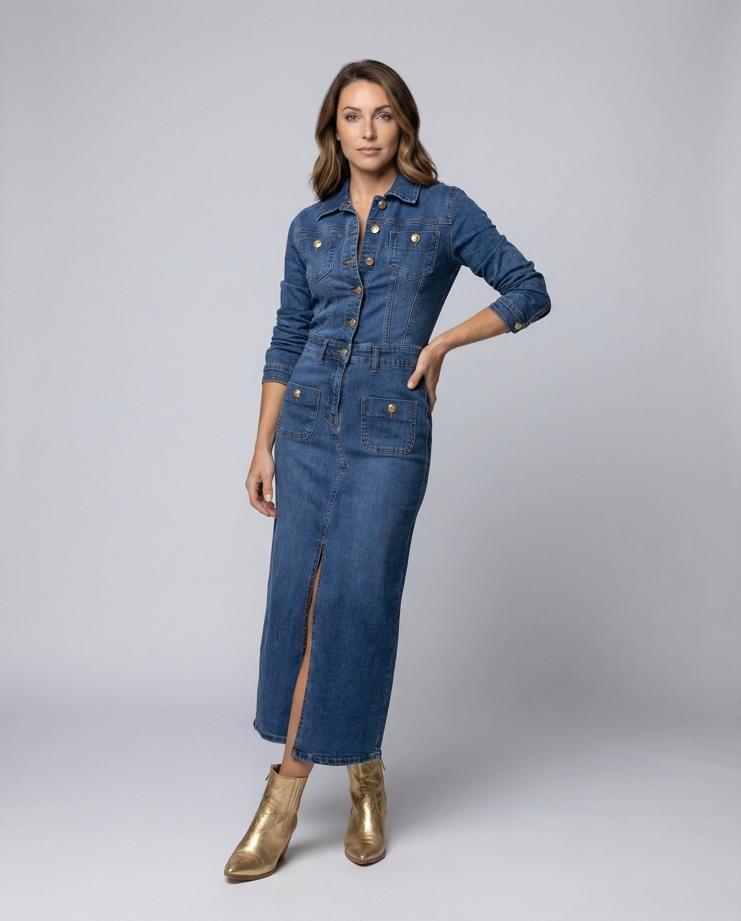 Damen Jeansmidikleid Korselettschnitt Vorderschlitz - Brentozzi