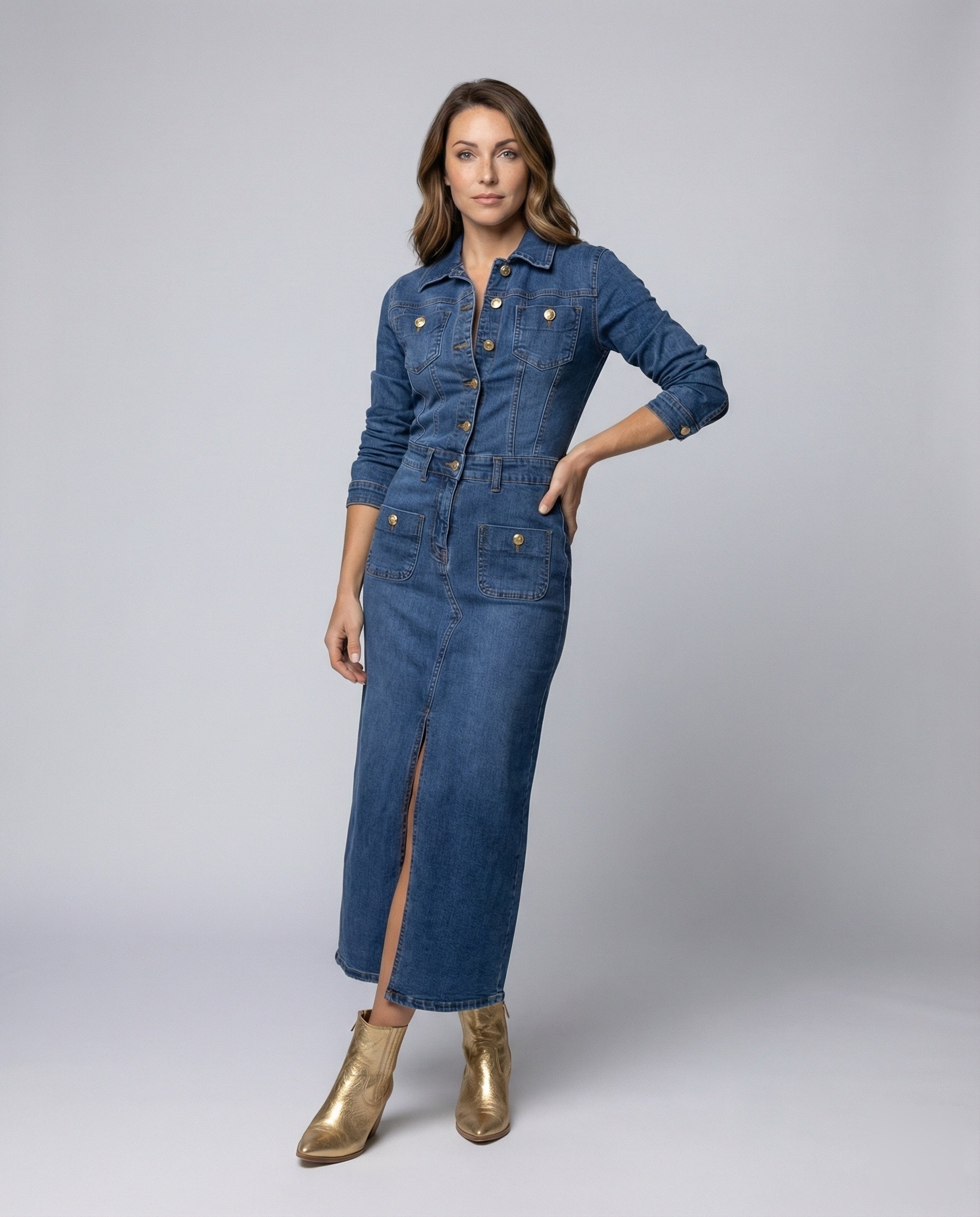 Damen Jeansmidikleid Korselettschnitt Vorderschlitz - Brentozzi