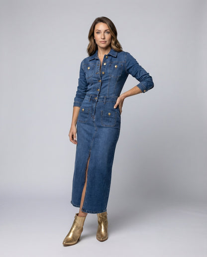 Damen Jeansmidikleid Korselettschnitt Vorderschlitz - Brentozzi