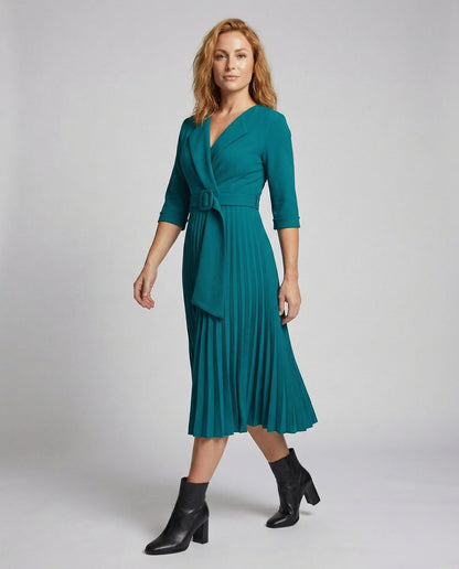 Damen Midikleid Reverskragen Plissierter Tellerrock - Brentozzi