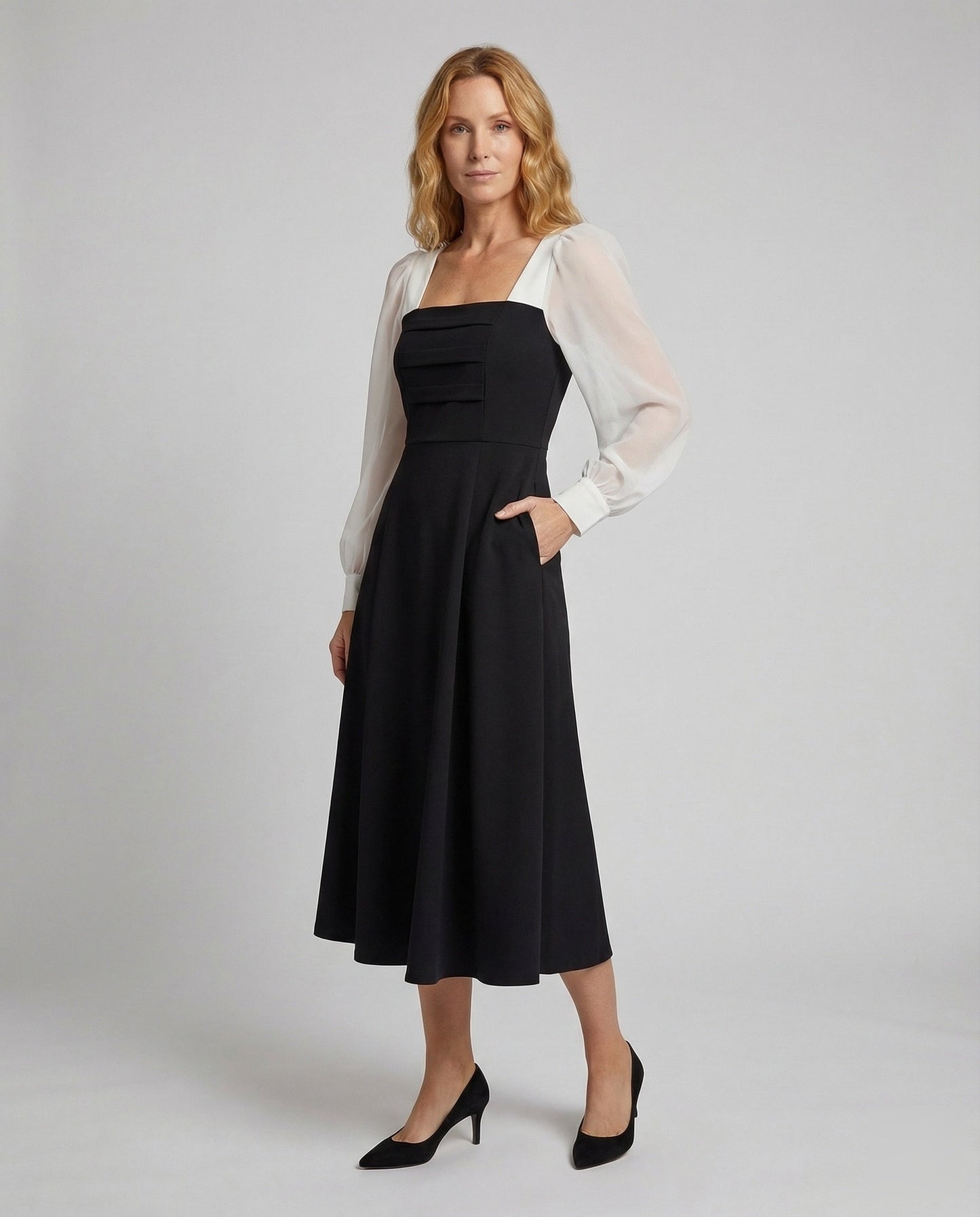Abito Midi Donna in Chiffon Manica a Sbuffo Scollo Corsetto - Brentozzi
