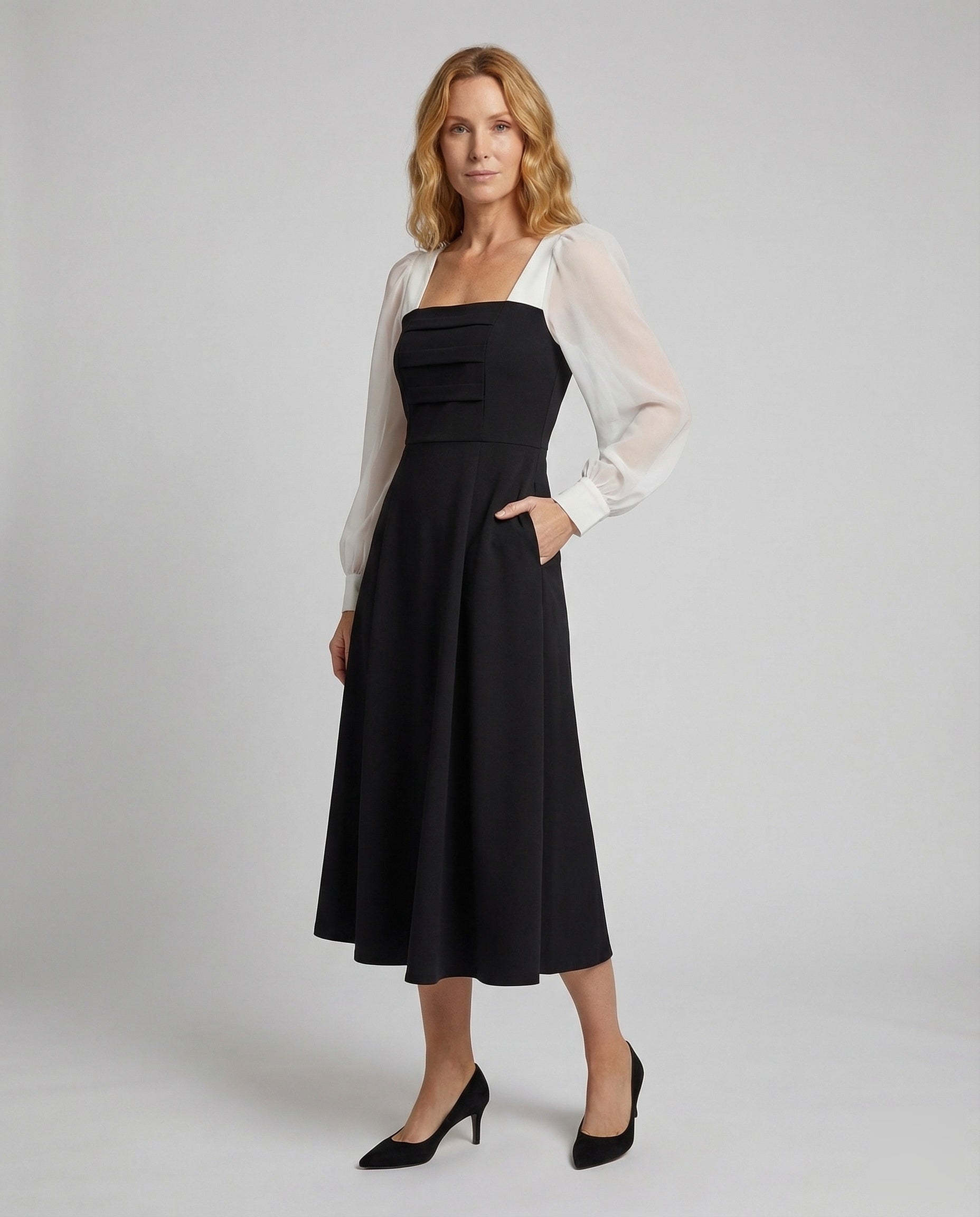 Abito Midi Donna in Chiffon Manica a Sbuffo Scollo Corsetto - Brentozzi