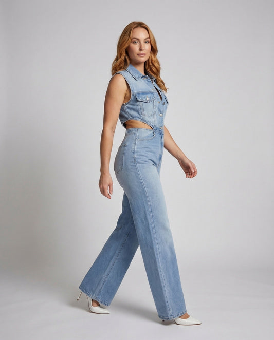 Tuta Jeans Donna Colletto Camicia Gamba Larga - Brentozzi