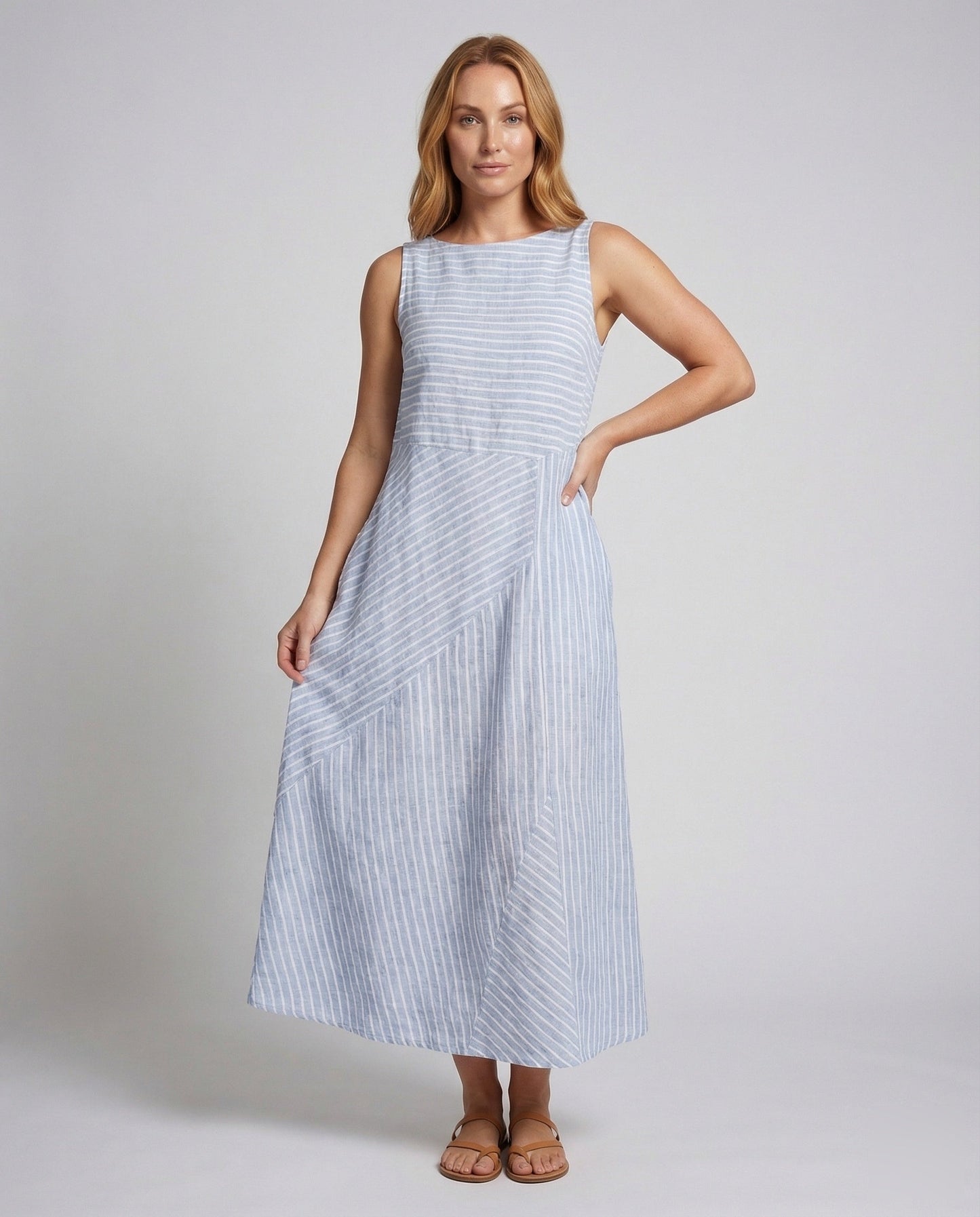 Abito Midi Donna in Tessuto Effetto Lino Righe Sottili - Brentozzi