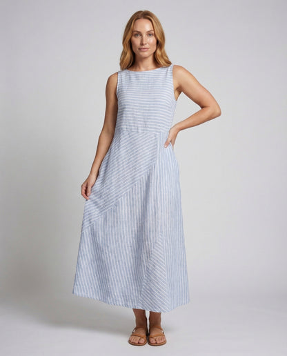 Abito Midi Donna in Tessuto Effetto Lino Righe Sottili - Brentozzi