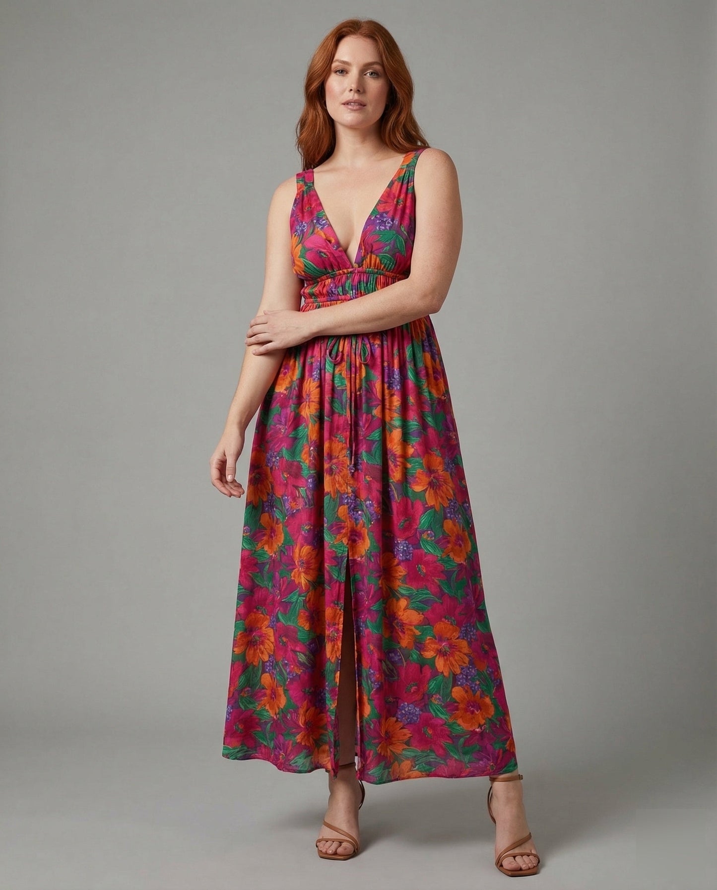Abito Maxidress Donna Scollo a V Coulisse in Vita - Brentozzi