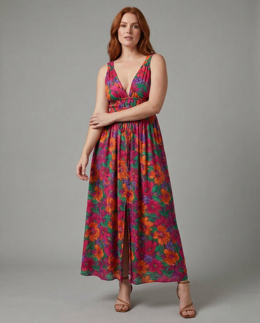 Abito Maxidress Donna Scollo a V Coulisse in Vita - Brentozzi