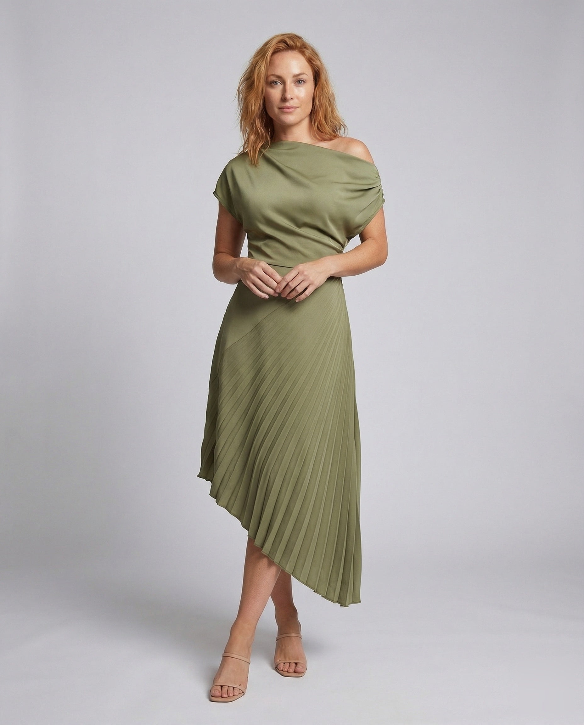 Abito Midi Donna Spalle Drappeggiate Gonna Plissettata - Brentozzi