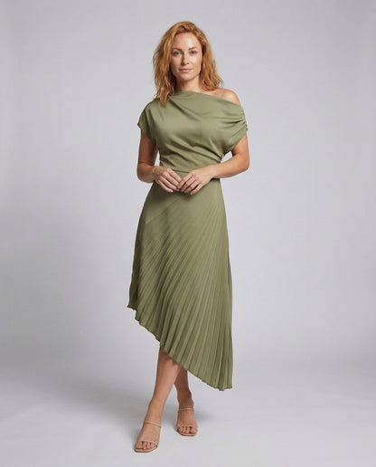 Abito Midi Donna Spalle Drappeggiate Gonna Plissettata - Brentozzi