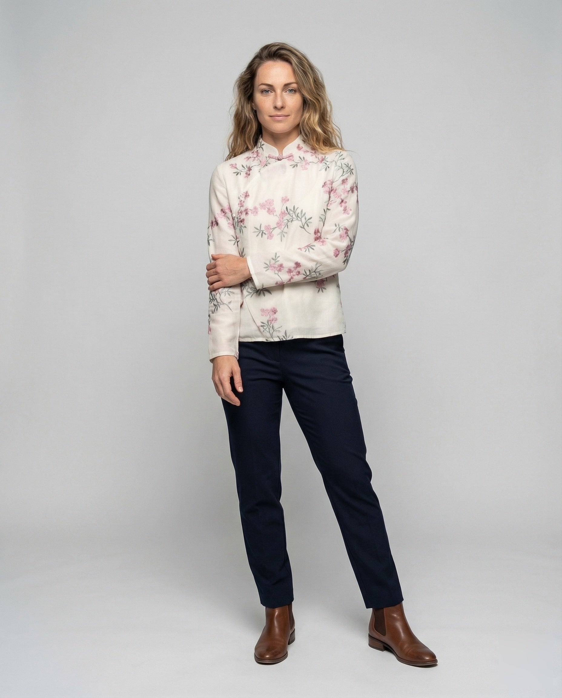 Camicia Donna Effetto Seta Collo Coreano Bottoni Nodo - Brentozzi