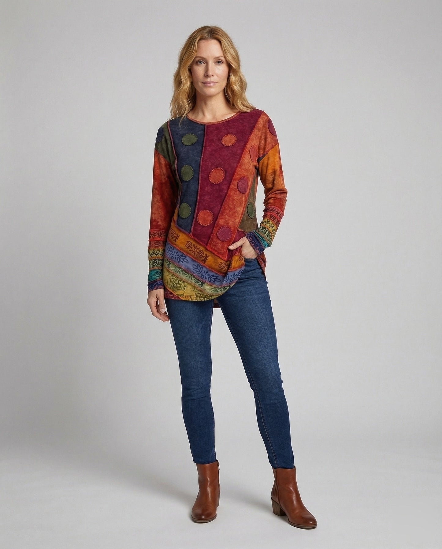 Maglia Lunga Donna Boho Patchwork Cuciture Decorative - Brentozzi