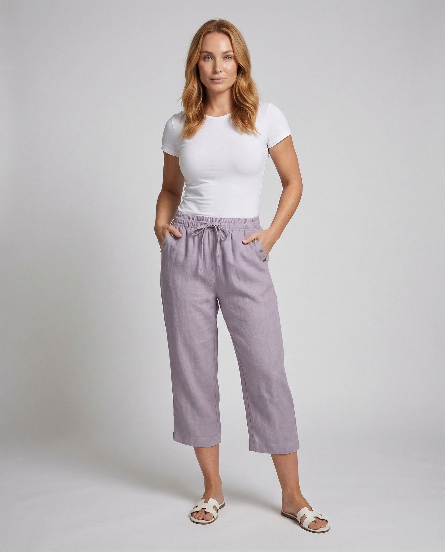 Pantaloni Culotte Donna Mix Lino Bottoni Decorativi - Brentozzi
