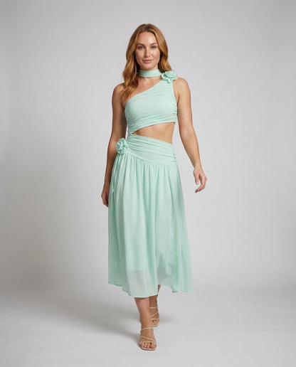 Abito Maxi Donna in Chiffon Monospalla con Apertura in Vita - Brentozzi