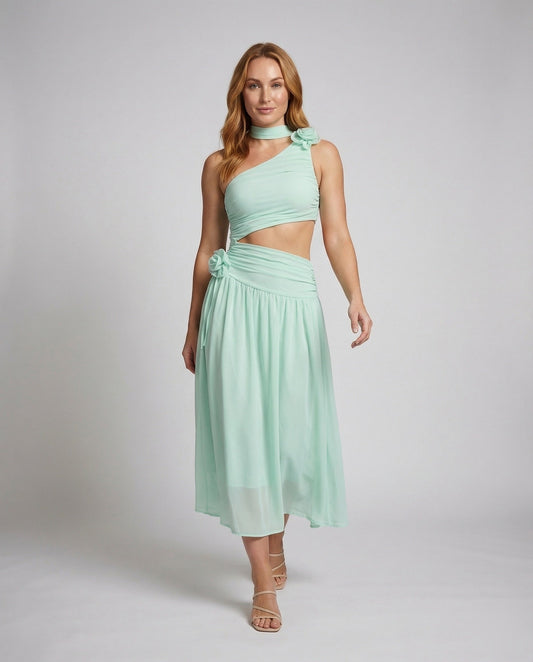 Abito Maxi Donna in Chiffon Monospalla con Apertura in Vita - Brentozzi
