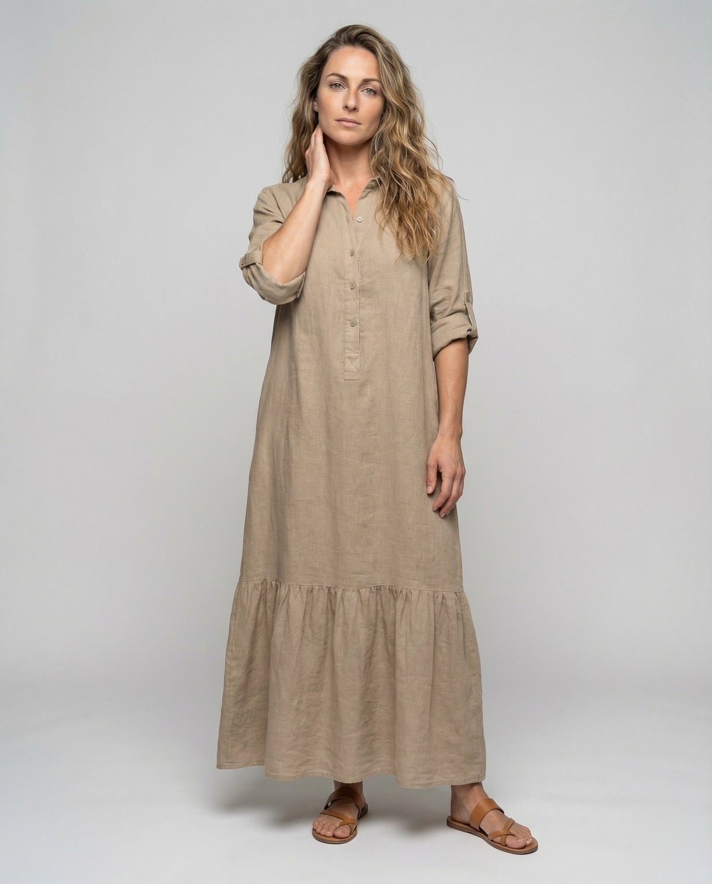 Abito Maxidress Donna Effetto Lino Volant a Balze - Brentozzi