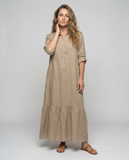 Abito Maxidress Donna Effetto Lino Volant a Balze - Brentozzi