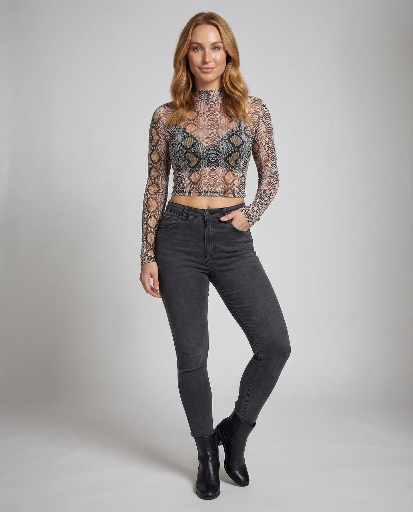 Crop Donna in Mesh Collo Alto Stampa Animalier - Brentozzi