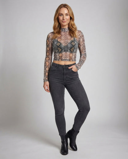Crop Donna in Mesh Collo Alto Stampa Animalier - Brentozzi