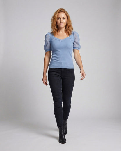 Maglia Donna in Maglia Costina con Maniche a Sbuffo in Organza - Brentozzi