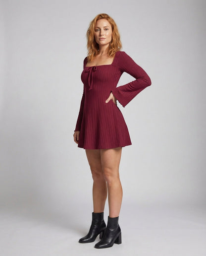 Abito Mini Donna in Maglia Costina Manica a Sbuffo Scollo Quadrato - Brentozzi