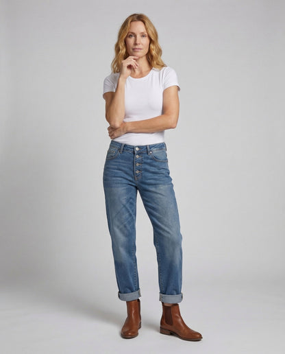 Damen Jeans-Jumpsuit mit taillierten Ausschnitten und weitem Bein. - Brentozzi