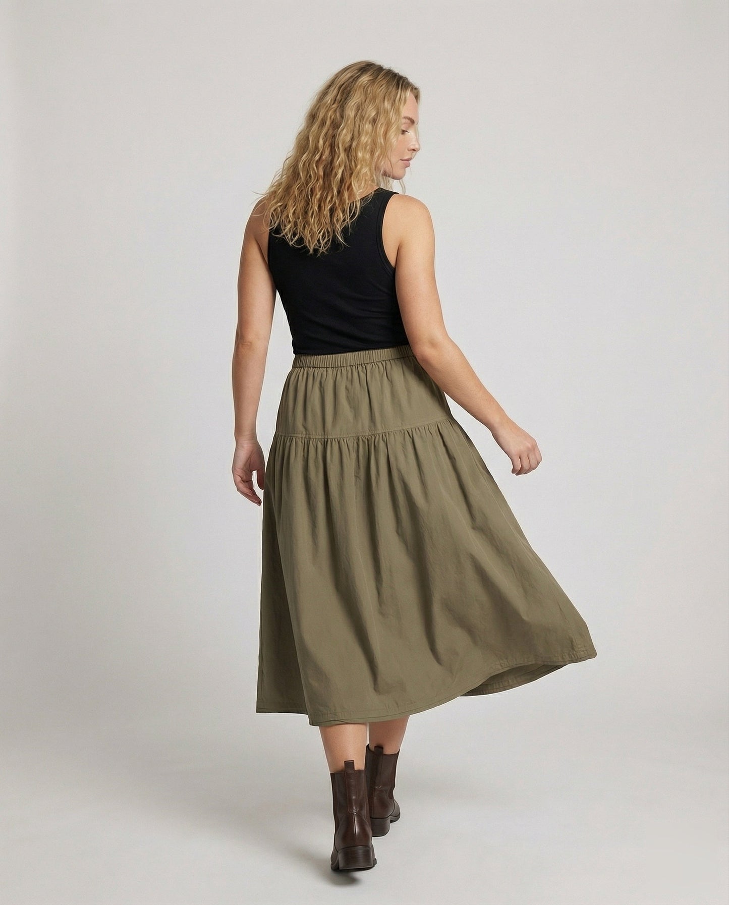Gonna Midi Donna Morbida a Balze con Vita Elastico