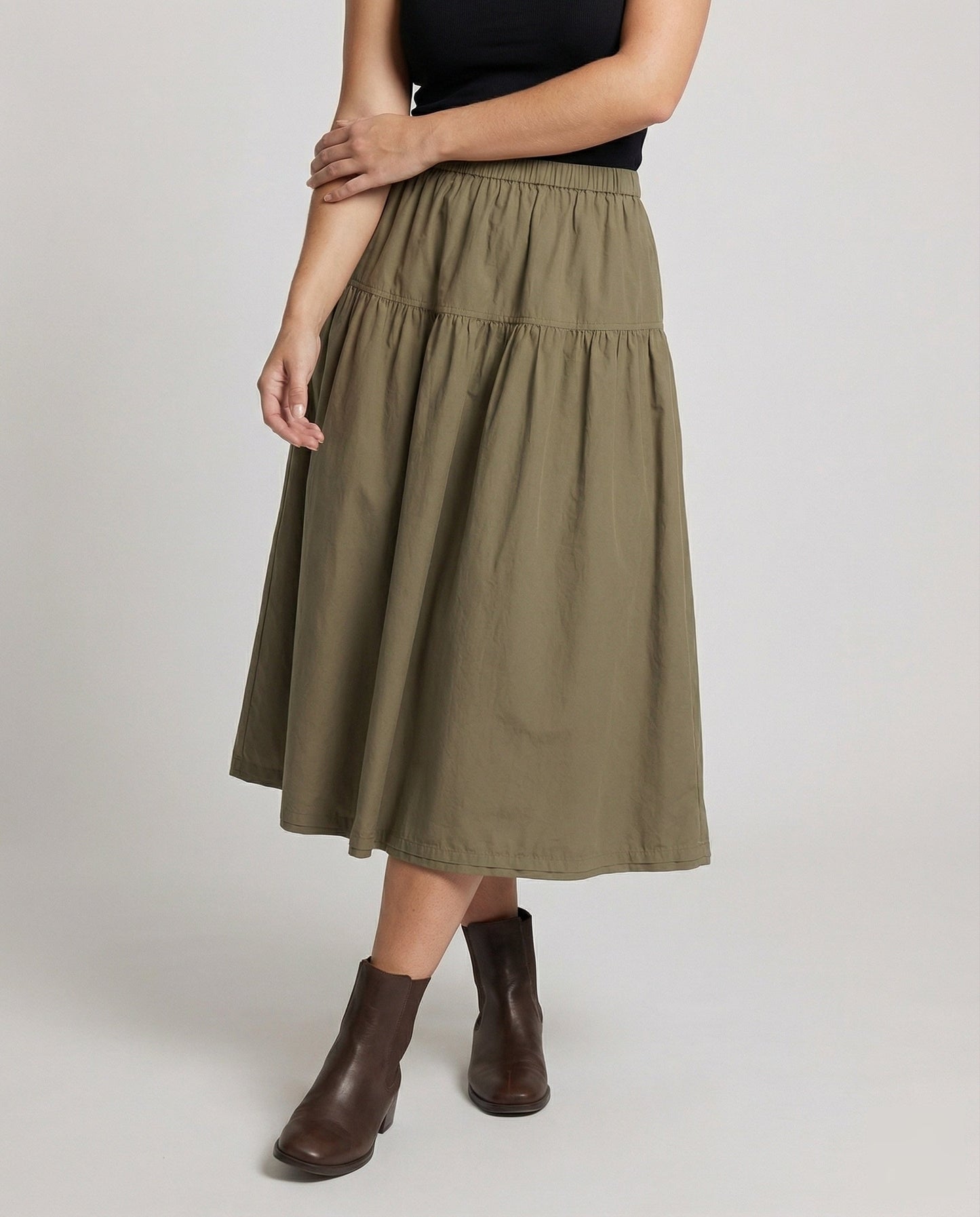 Gonna Midi Donna Morbida a Balze con Vita Elastico