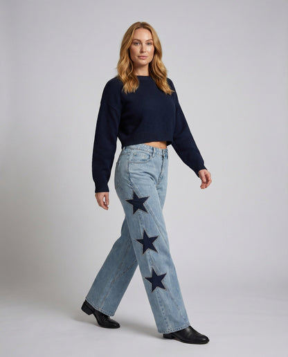 Pantaloni Palazzo Donna Jeans Ampi con Applicazioni Stelle - Brentozzi