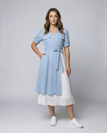 Abito Camicia Donna Doppio Strato Gonna Plissettata