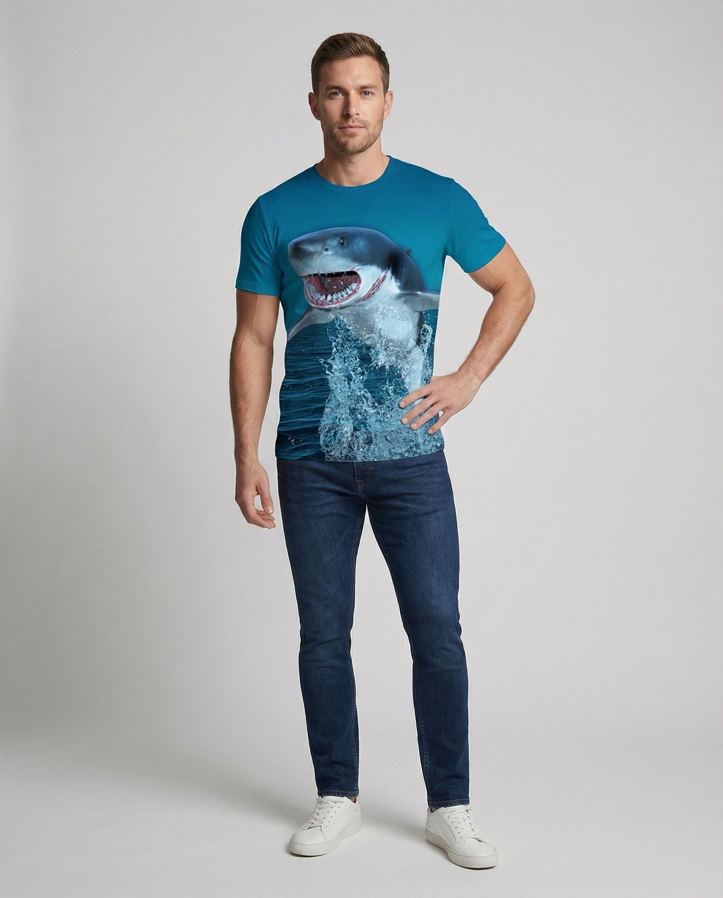 T-shirt Uomo Cotone Stampa Motivo Squalo Regular Fit - Brentozzi