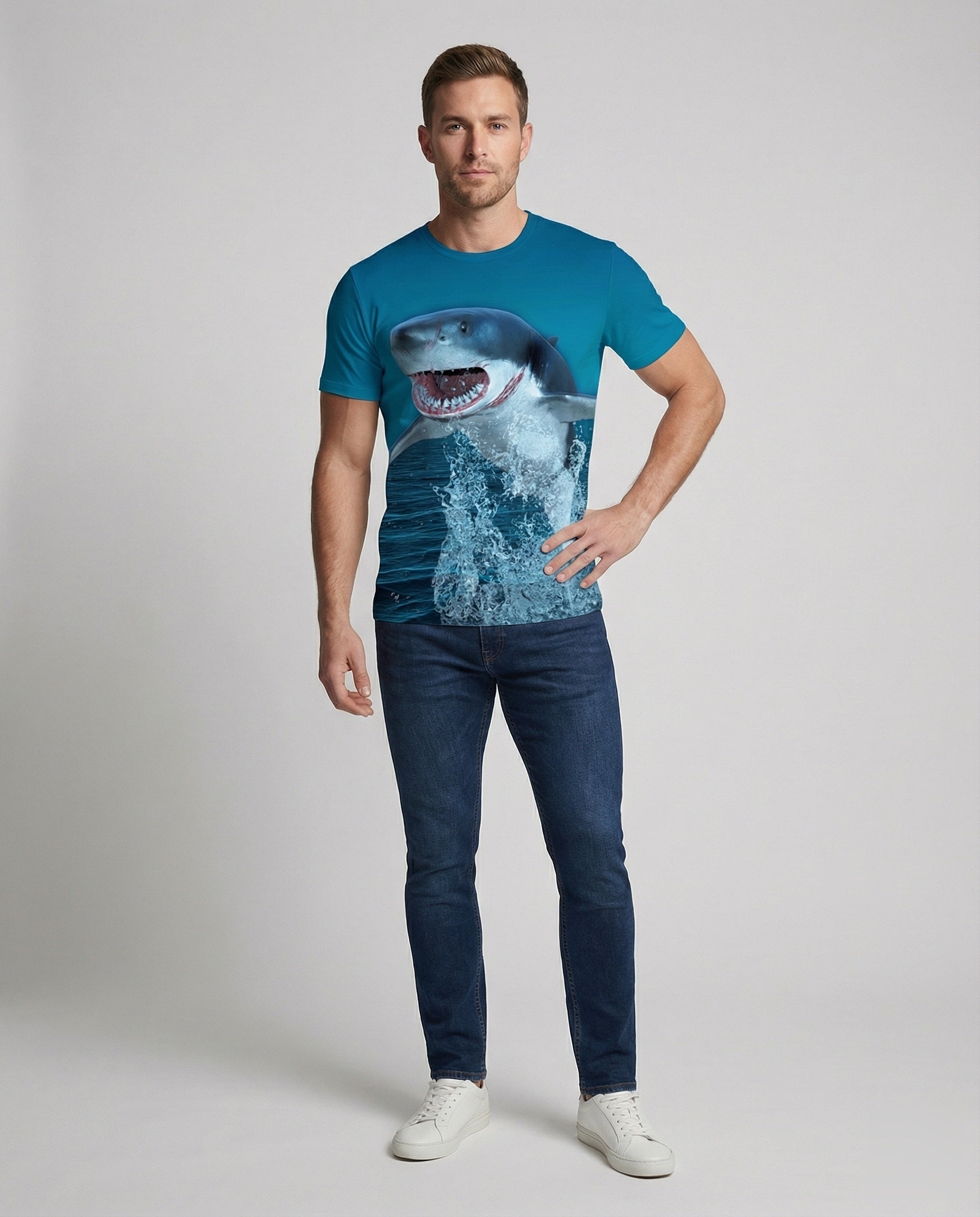 T-shirt Uomo Cotone Stampa Motivo Squalo Regular Fit - Brentozzi