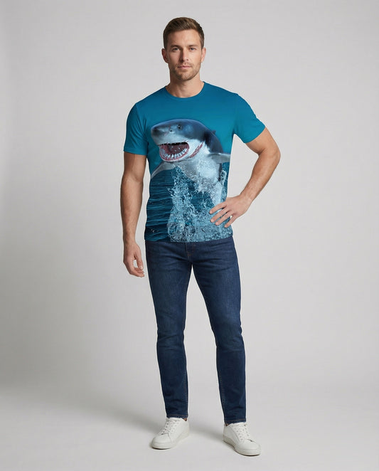 T-shirt Uomo Cotone Stampa Motivo Squalo Regular Fit - Brentozzi