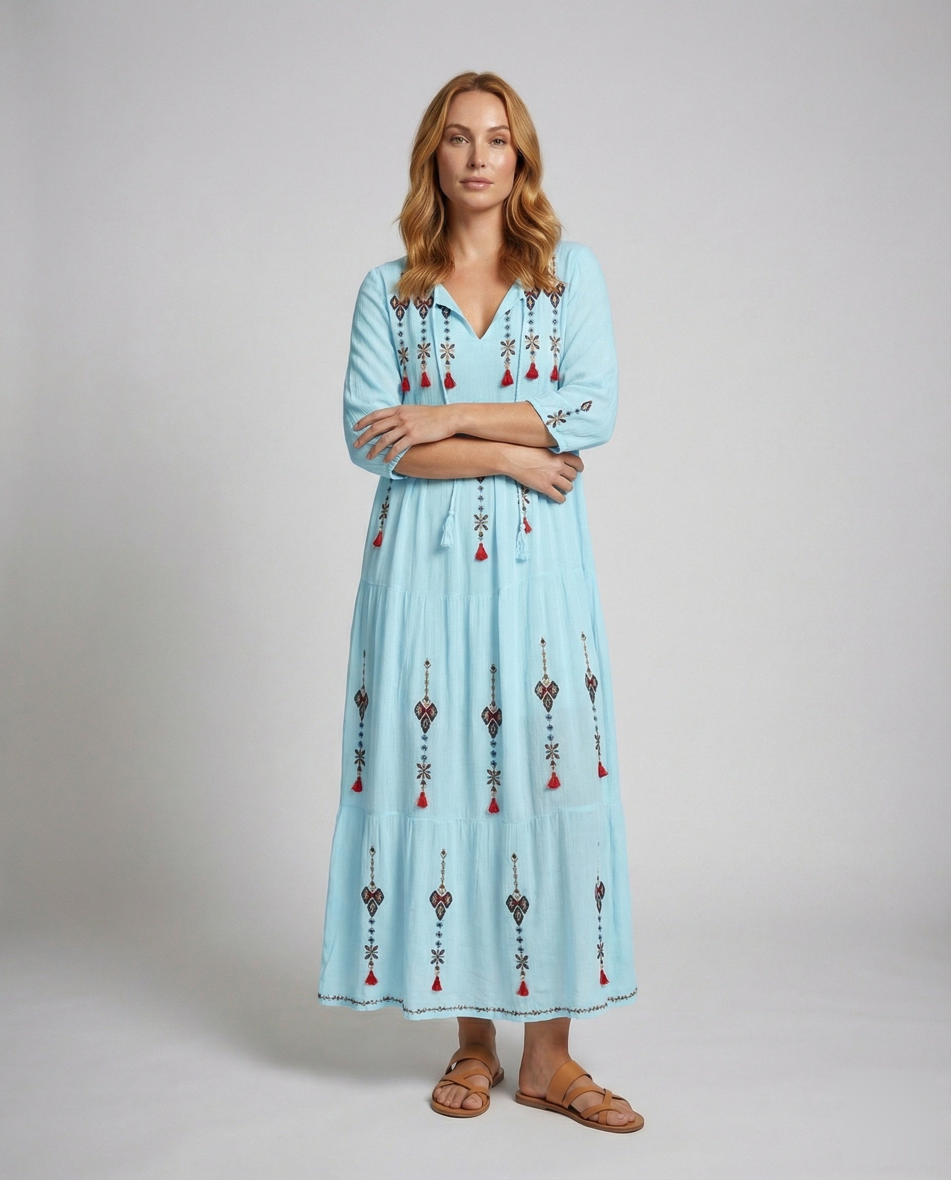 Abito Maxi Donna Ricamato Scollo a V - Brentozzi