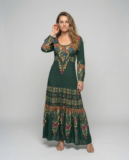 Abito Maxidress Donna Stampa Ornamentale Stile Boho - Brentozzi