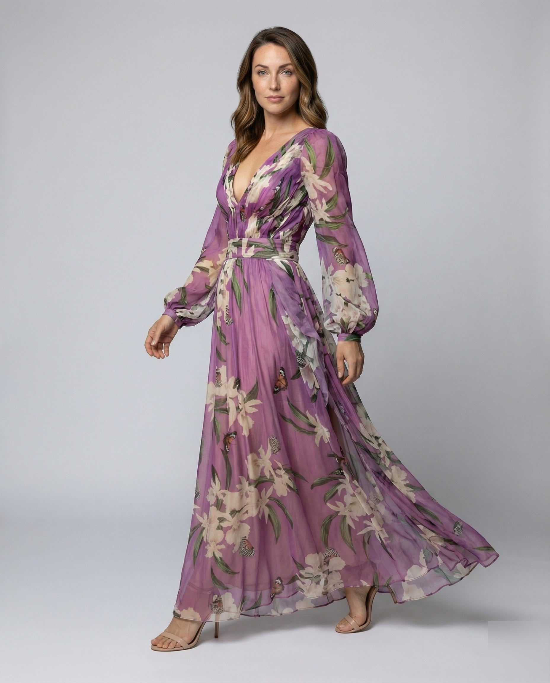 Abito Maxi Donna in Chiffon Manica a Palloncino - Brentozzi