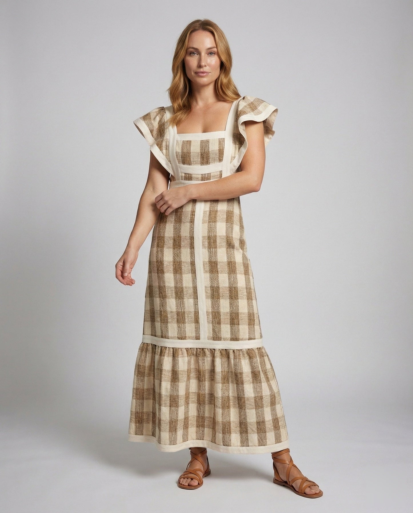 Abito Maxi Donna Quadretti con Spalline a Volant - Brentozzi