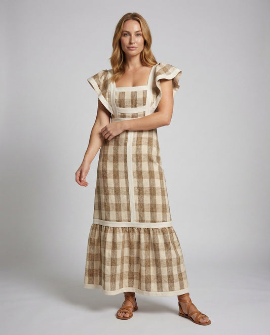 Abito Maxi Donna Quadretti con Spalline a Volant - Brentozzi