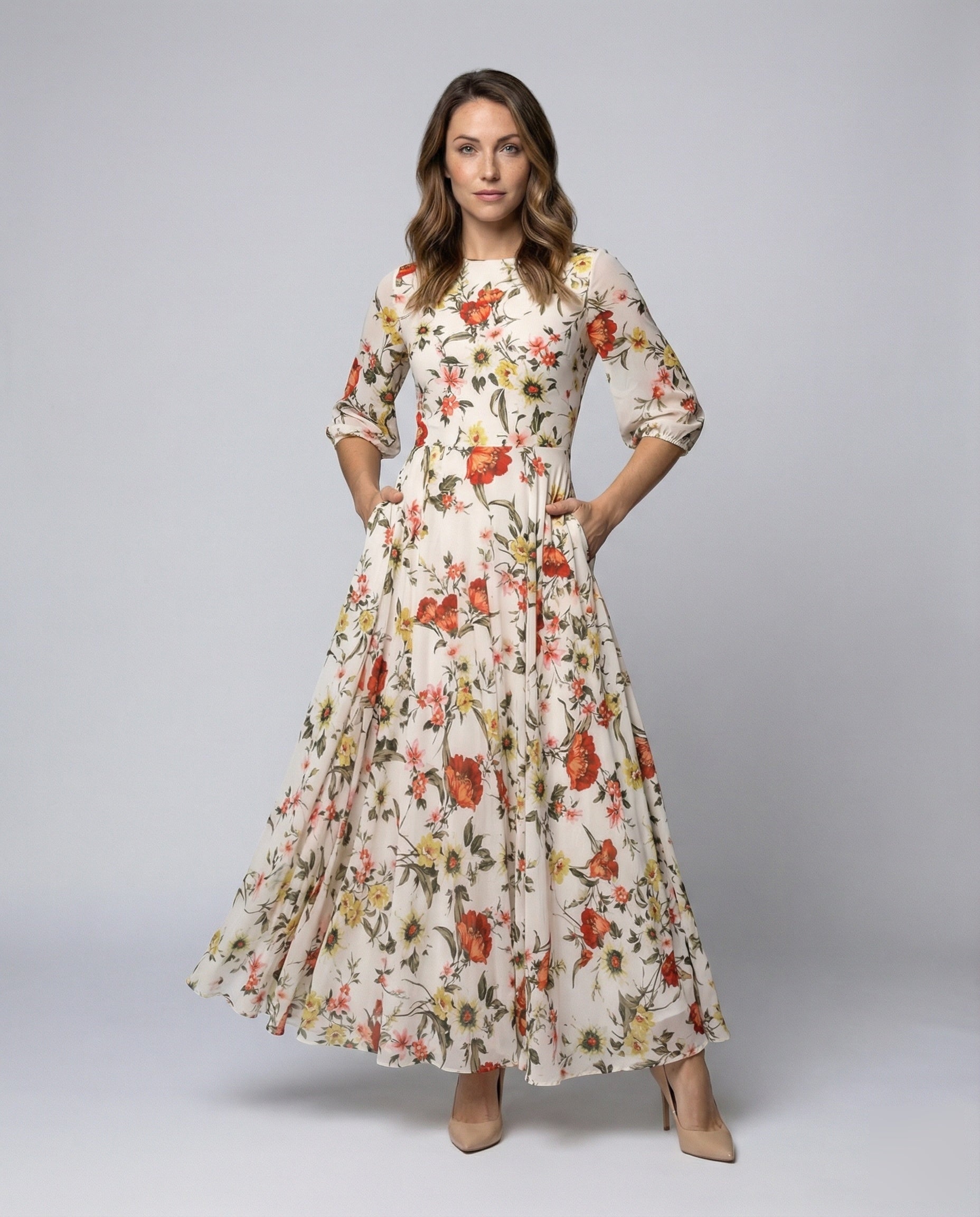 Abito Maxi Donna in Chiffon Fluttuante Stampa Floreale - Brentozzi