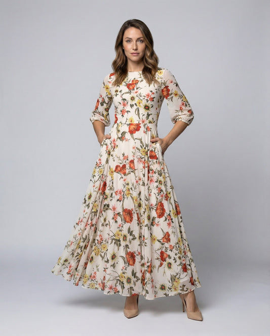 Abito Maxi Donna in Chiffon Fluttuante Stampa Floreale - Brentozzi
