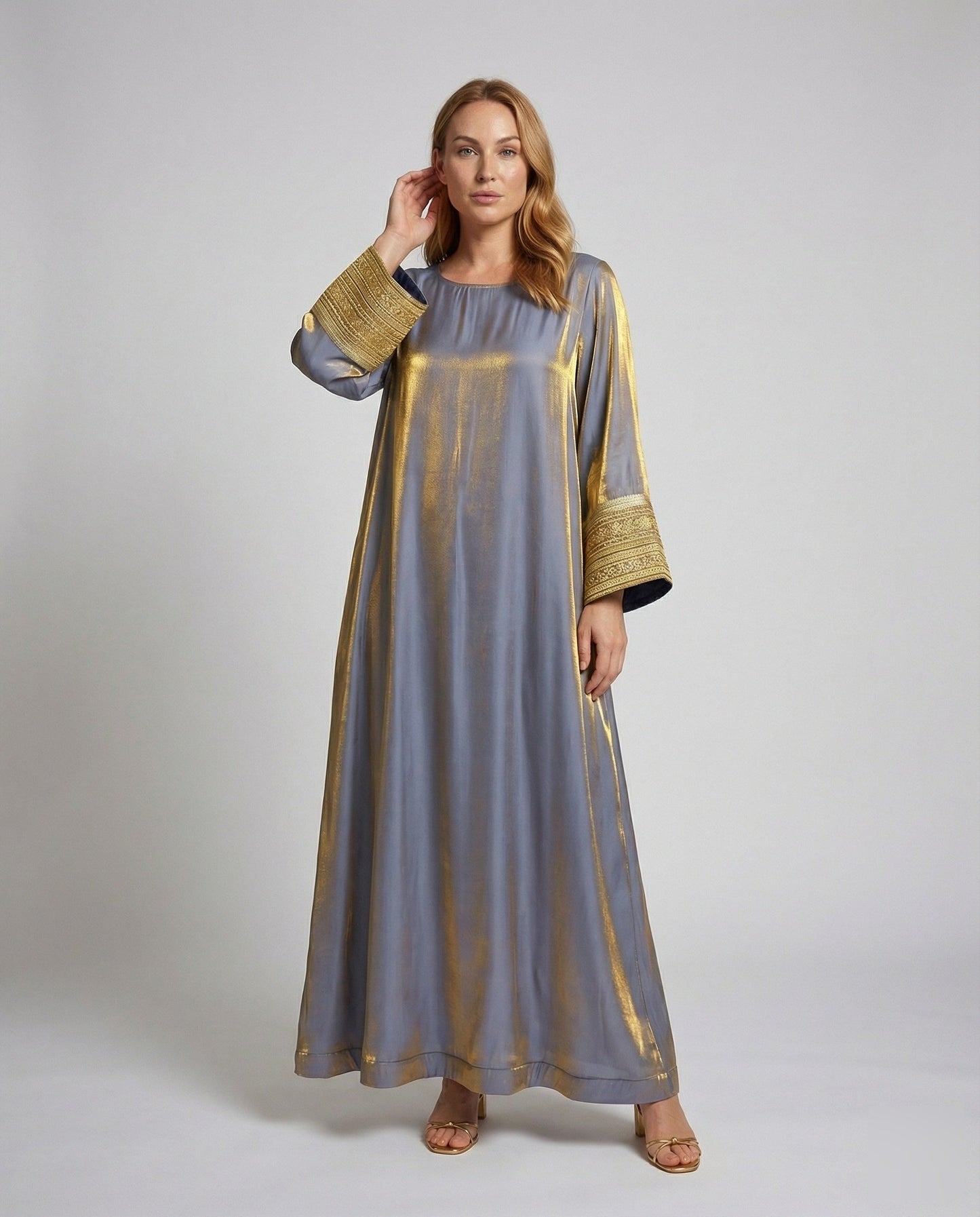 Abito Maxi Donna Ricamato Stile Kaftano Metallizzato - Brentozzi