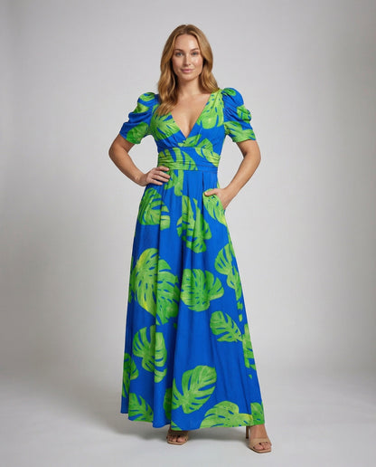 Abito Maxi Donna in Tessuto Fluido Stile Tropicale - Brentozzi