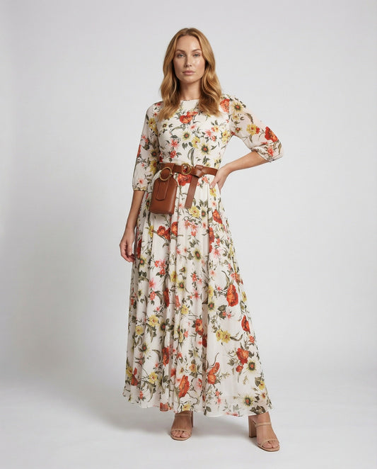 Abito Maxi Donna Plissé Fluttuante con Cintura - Brentozzi