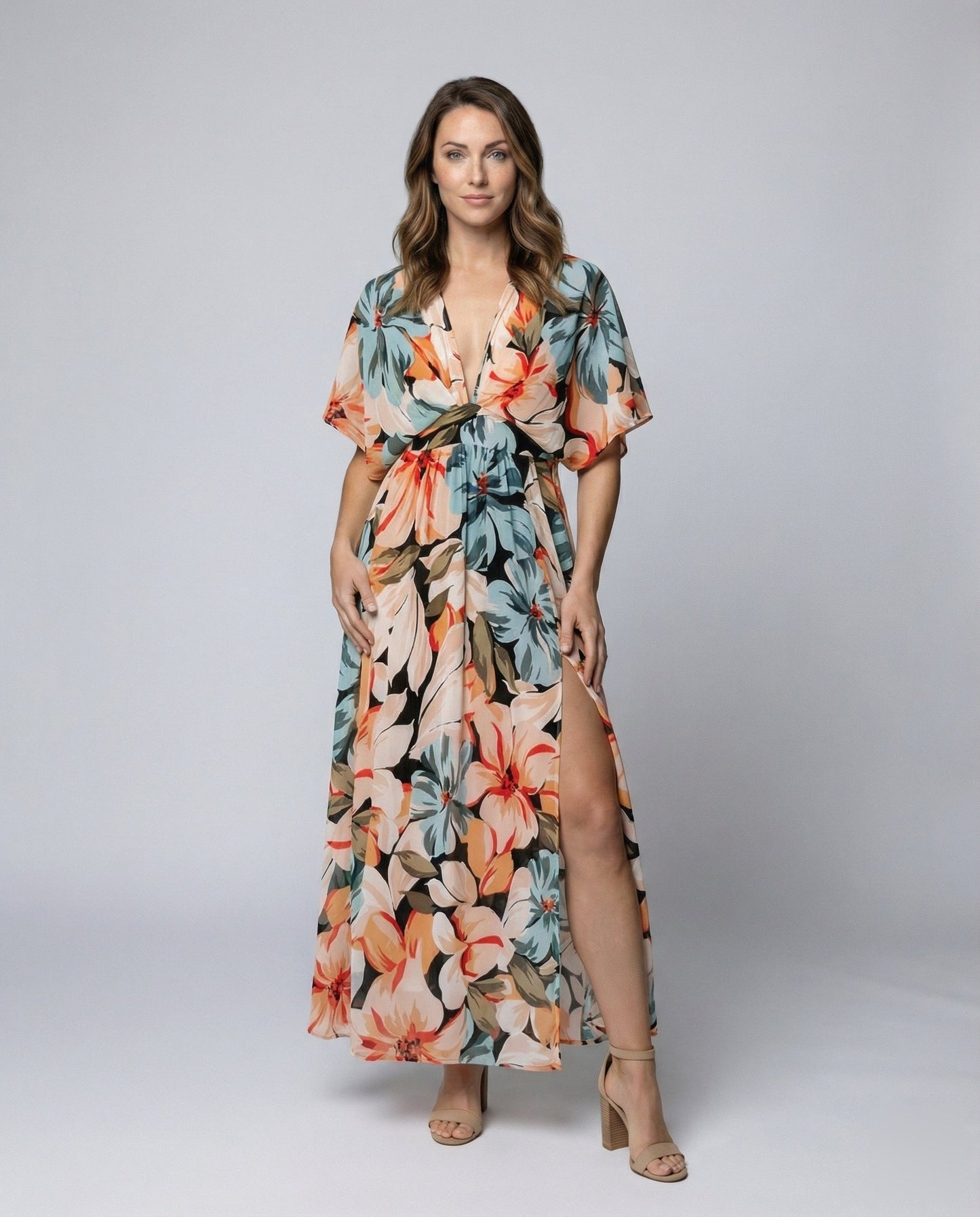 Abito Maxi Donna con Maniche Kimono e Fantasia Floreale - Brentozzi