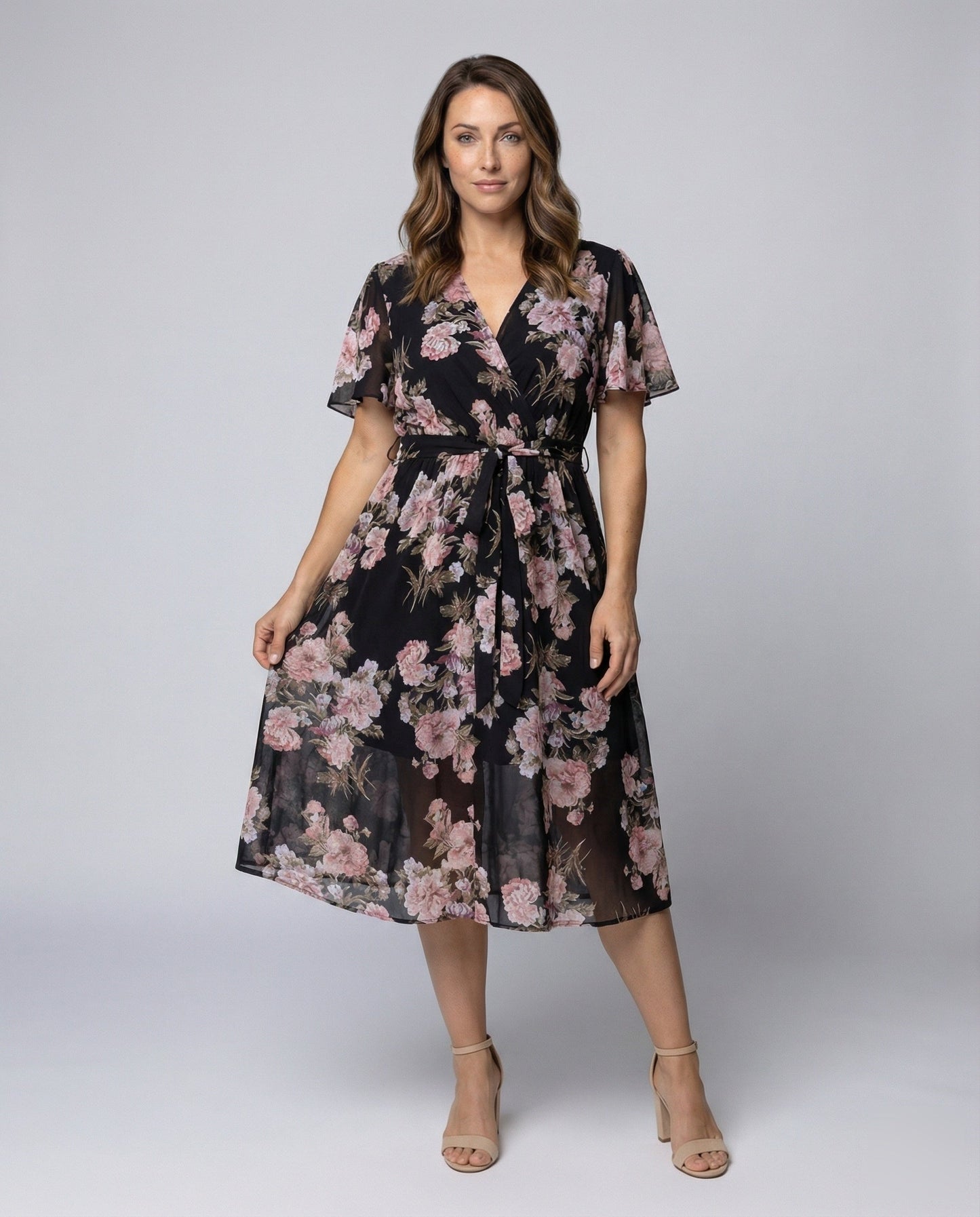 Abito Midi Donna con Sovragonna in Chiffon e Fantasia Floreale - Brentozzi