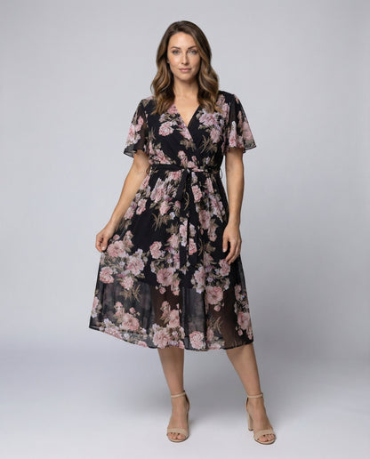 Abito Midi Donna con Sovragonna in Chiffon e Fantasia Floreale - Brentozzi