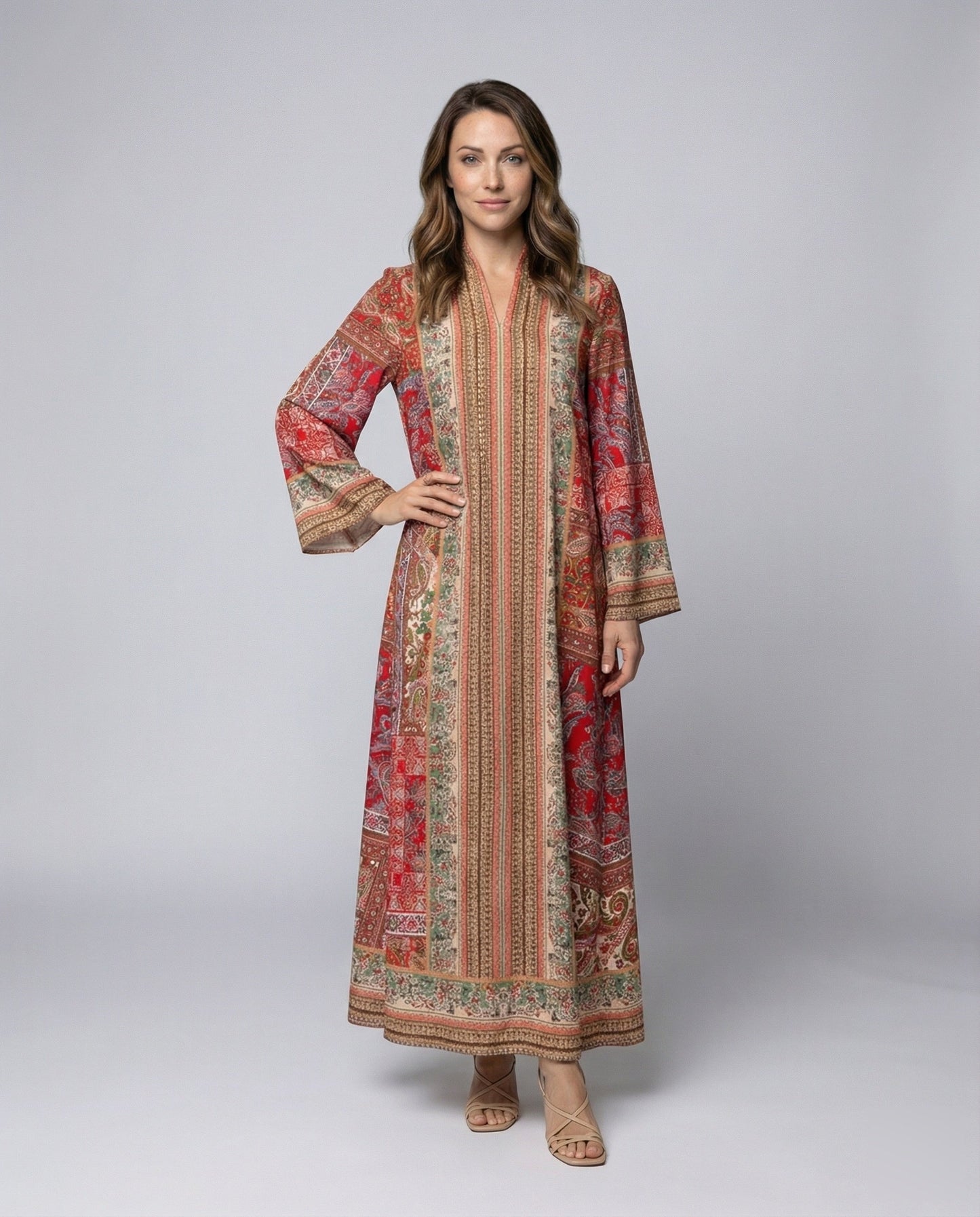 Abito Maxi Donna Stile Folkloristico Collo alla Mandarino - Brentozzi