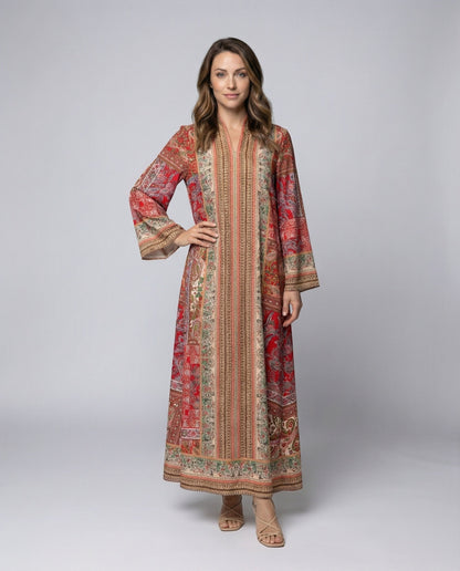 Abito Maxi Donna Stile Folkloristico Collo alla Mandarino - Brentozzi
