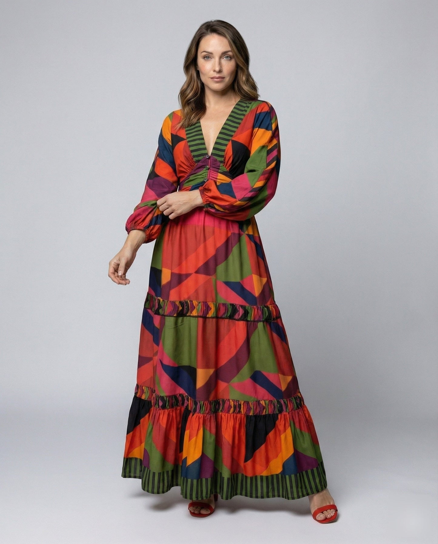 Abito Maxi Donna Geometrico con Maniche a Palloncino - Brentozzi