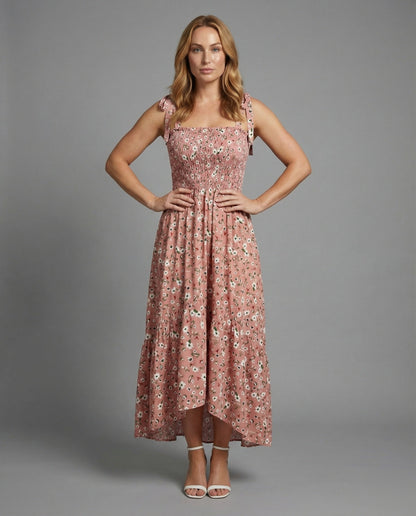 Abito Maxi Donna in Tessuto Smock con Spalline a Fiocco - Brentozzi